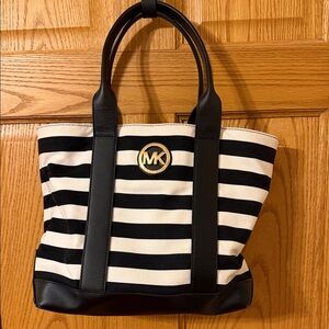 Michael Kors Black and Cream Striped Tote